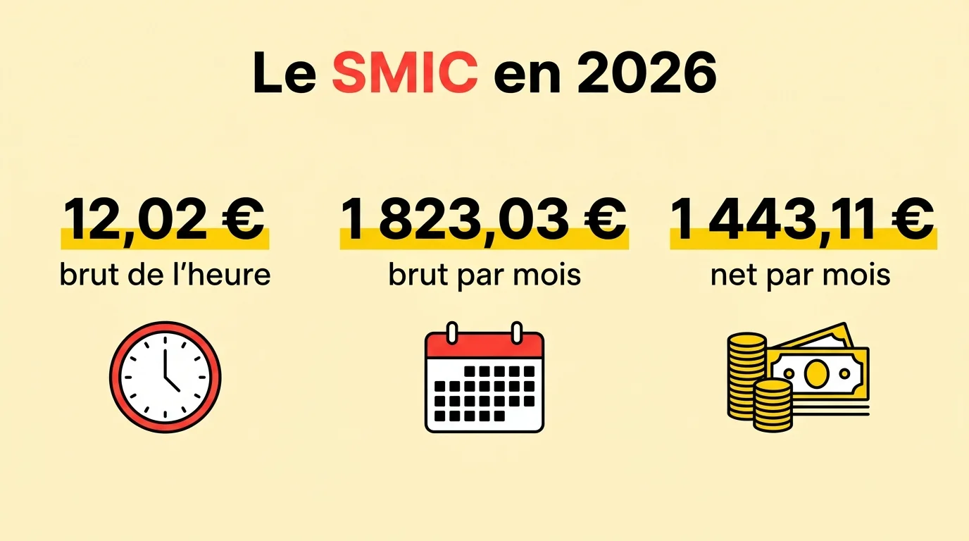 Le SMIC en 2026 : 12,02 € brut de l'heure, 1 823,03 € brut par mois, 1 443,11 € net par mois