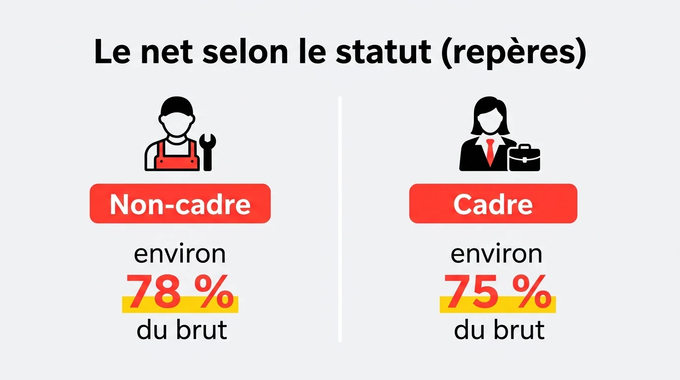 Le salaire net selon le statut, en repères : environ 78 % du brut pour un non-cadre, environ 75 % pour un cadre