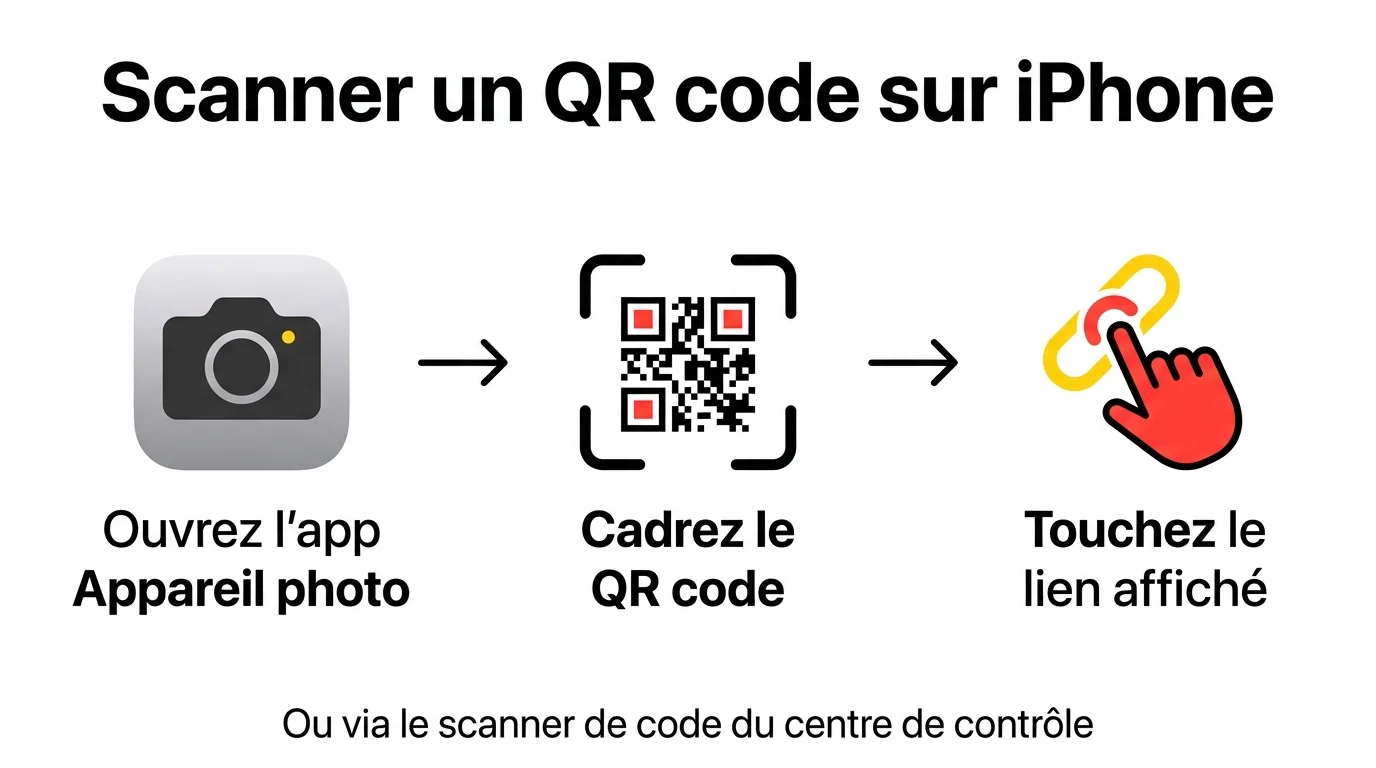 Infographie en 3 étapes pour scanner un QR code sur iPhone via l'application Appareil photo