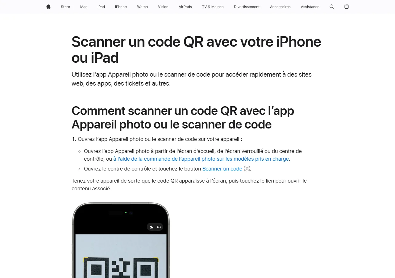 Page officielle d'assistance Apple expliquant comment scanner un code QR avec un iPhone ou un iPad