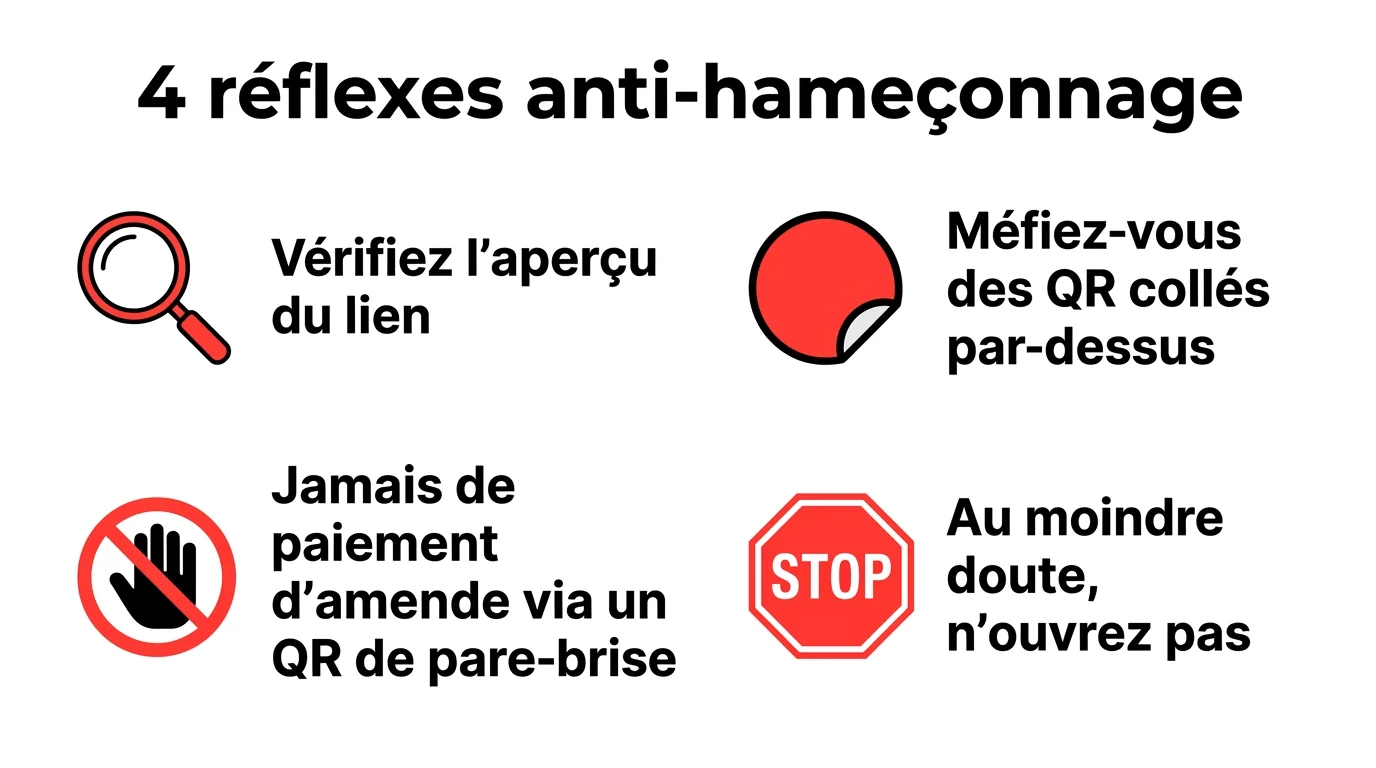 Infographie des 4 réflexes anti-hameçonnage à adopter face aux QR codes frauduleux