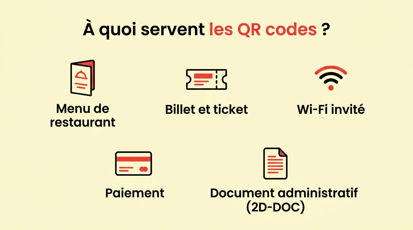 Infographie des usages courants des QR codes : menu, billet, Wi-Fi, paiement, document administratif