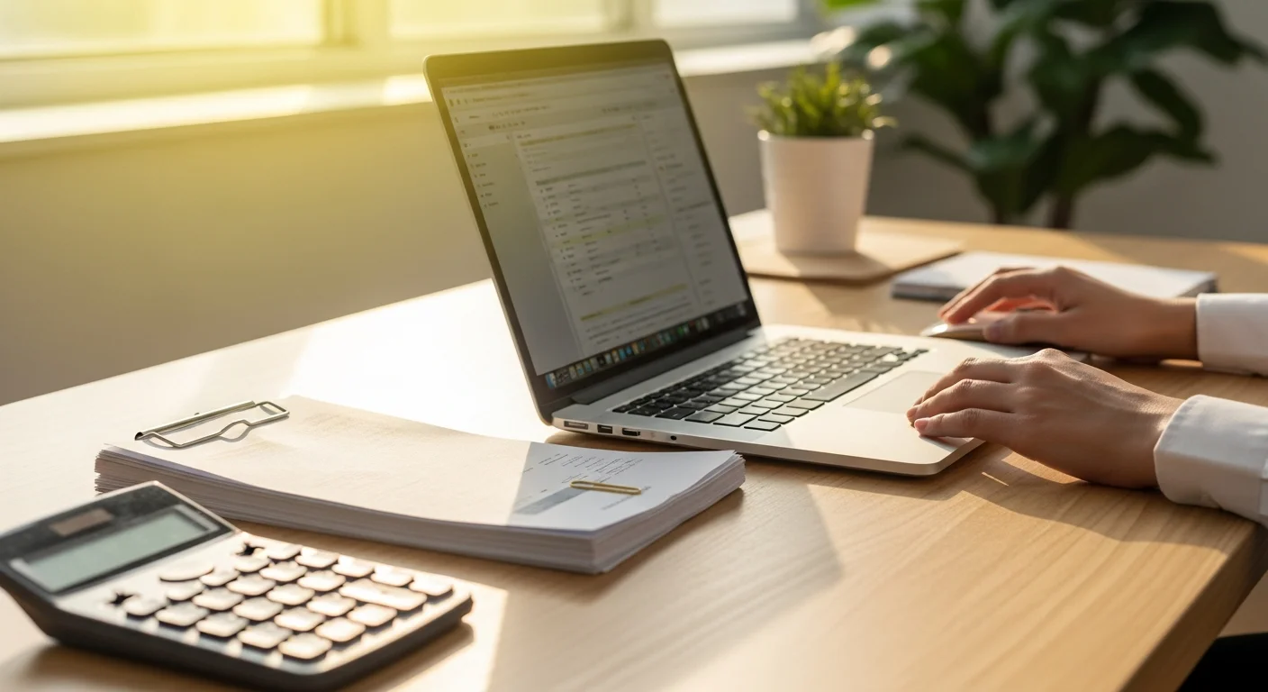 Micro-entrepreneur verifiant son chiffre d'affaires sur son ordinateur, calculatrice et factures posees sur le bureau
