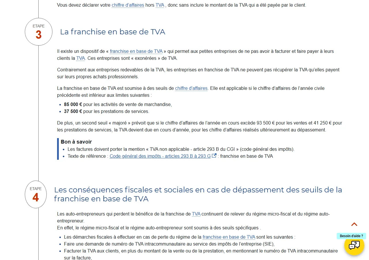 La fiche pratique du site URSSAF auto-entrepreneur consacrée à la TVA et à la franchise de TVA