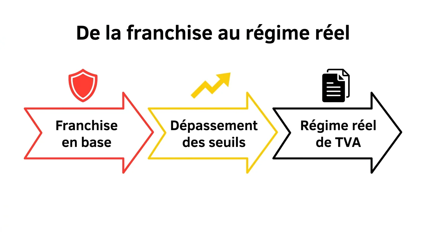 Le parcours d'un auto-entrepreneur de la franchise en base au régime réel de TVA après dépassement des seuils