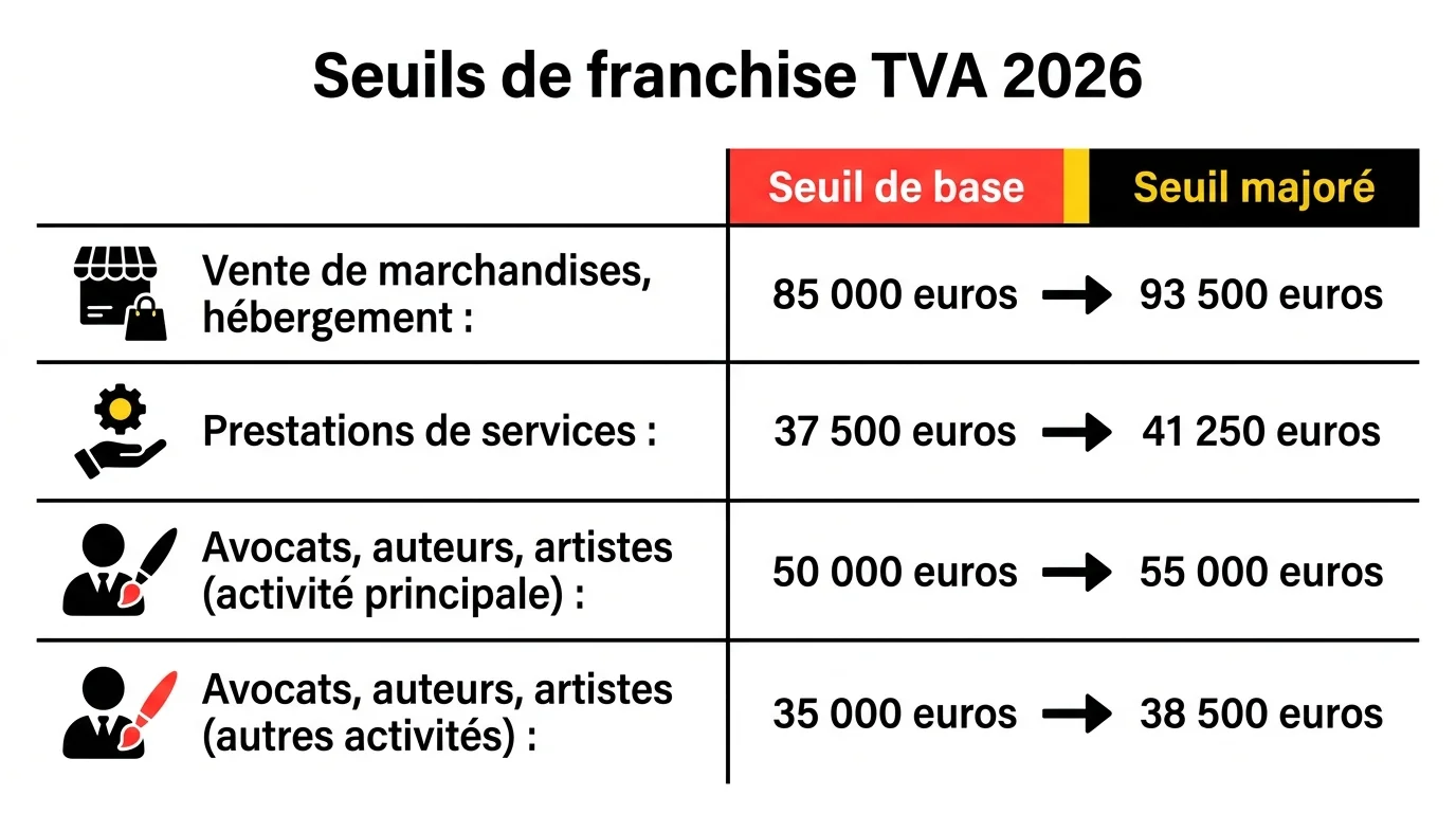 Tableau des seuils de franchise de TVA 2026 par activité, avec seuils de base et seuils majorés
