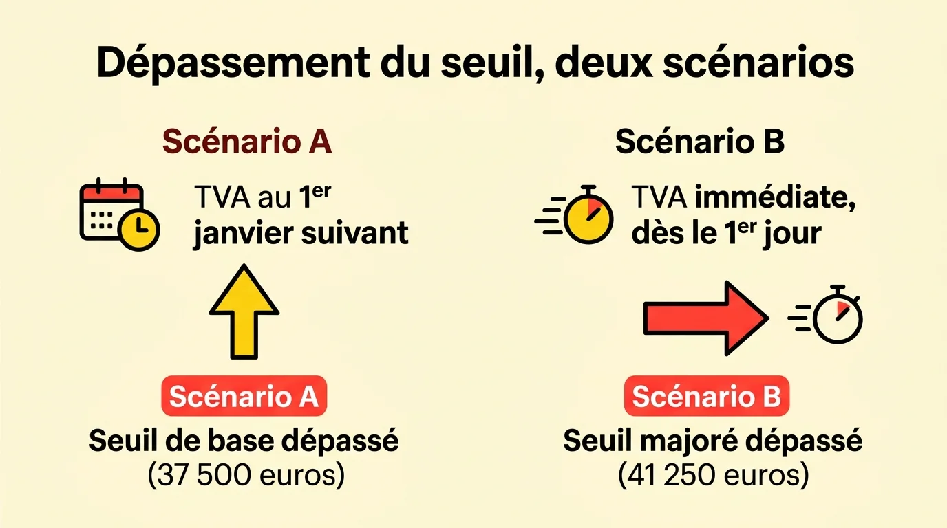 Les deux scénarios de dépassement du seuil de TVA : bascule au 1er janvier suivant ou TVA immédiate dès le premier jour