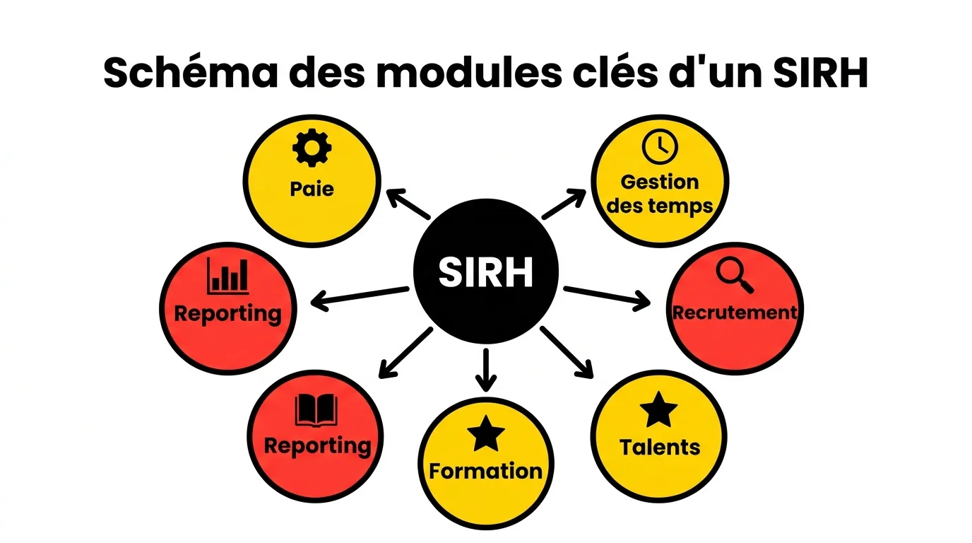 Schéma des modules clés d'un logiciel SIRH : paie, temps, recrutement, talents, formation, reporting