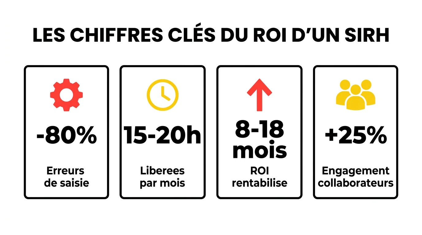 Infographie des chiffres ROI d'un SIRH : -80% erreurs, 15-20h libérées, rentabilité 8-18 mois, +25% engagement