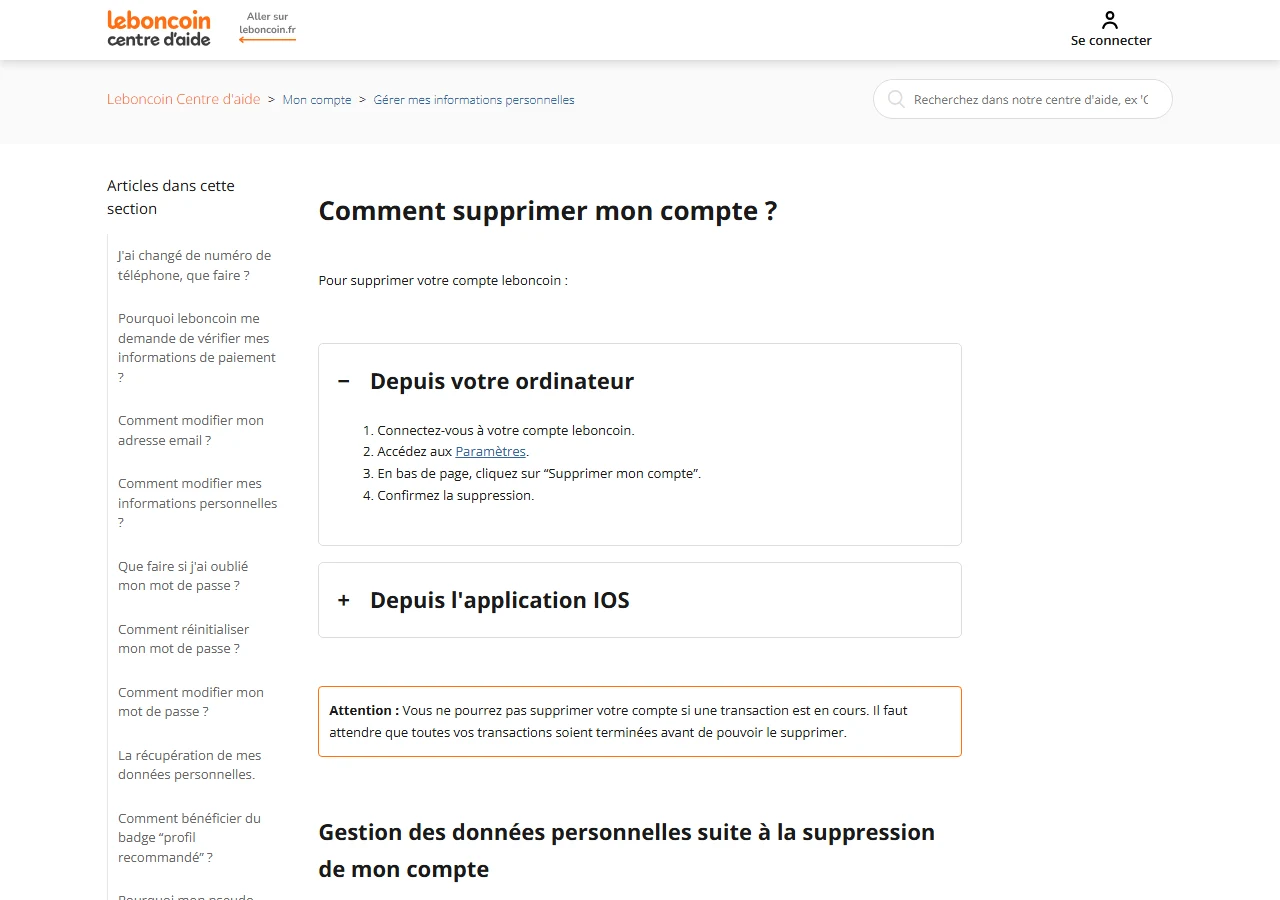 Page officielle du centre d'aide Leboncoin expliquant comment supprimer son compte