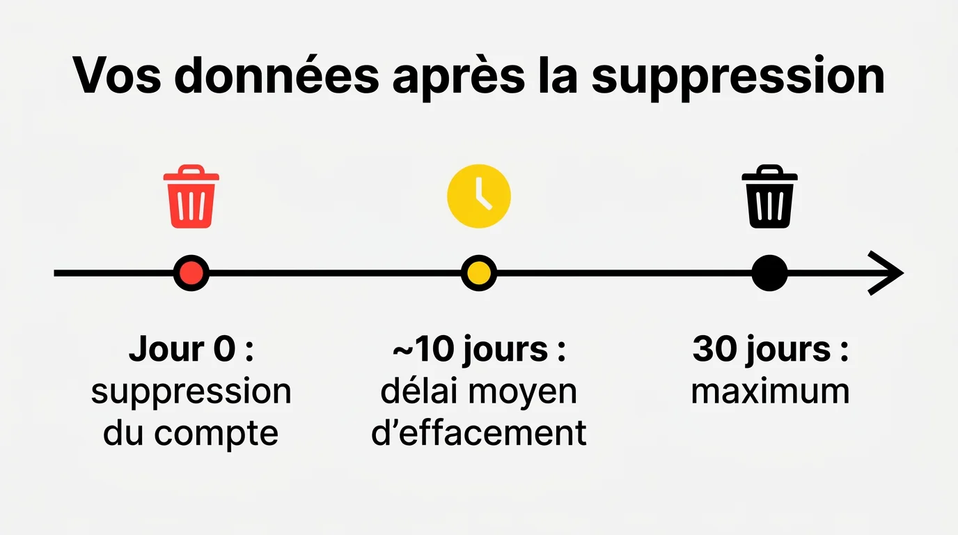 Frise chronologique du délai d'effacement des données après suppression d'un compte : jour 0, 10 jours en moyenne, 30 jours maximum