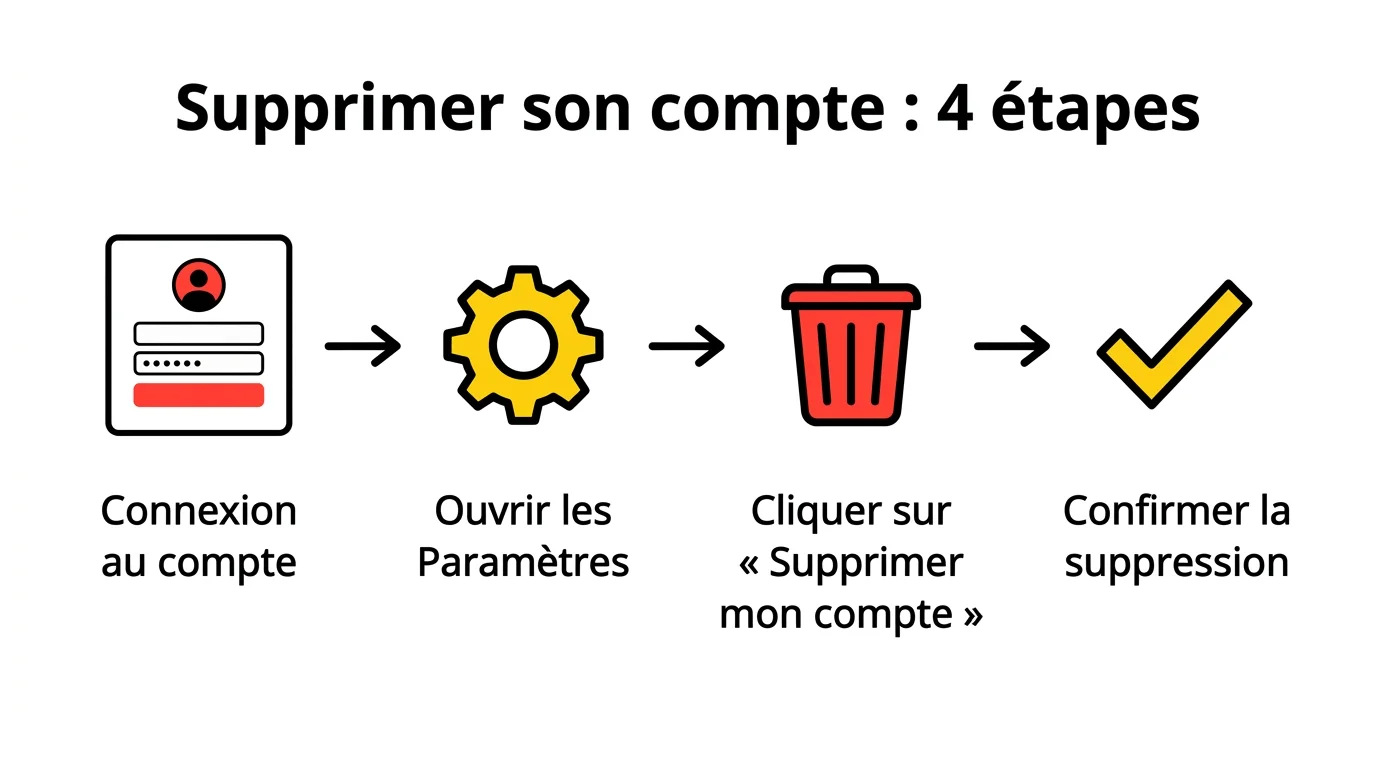 Infographie des 4 étapes pour supprimer son compte Leboncoin : connexion, paramètres, suppression, confirmation