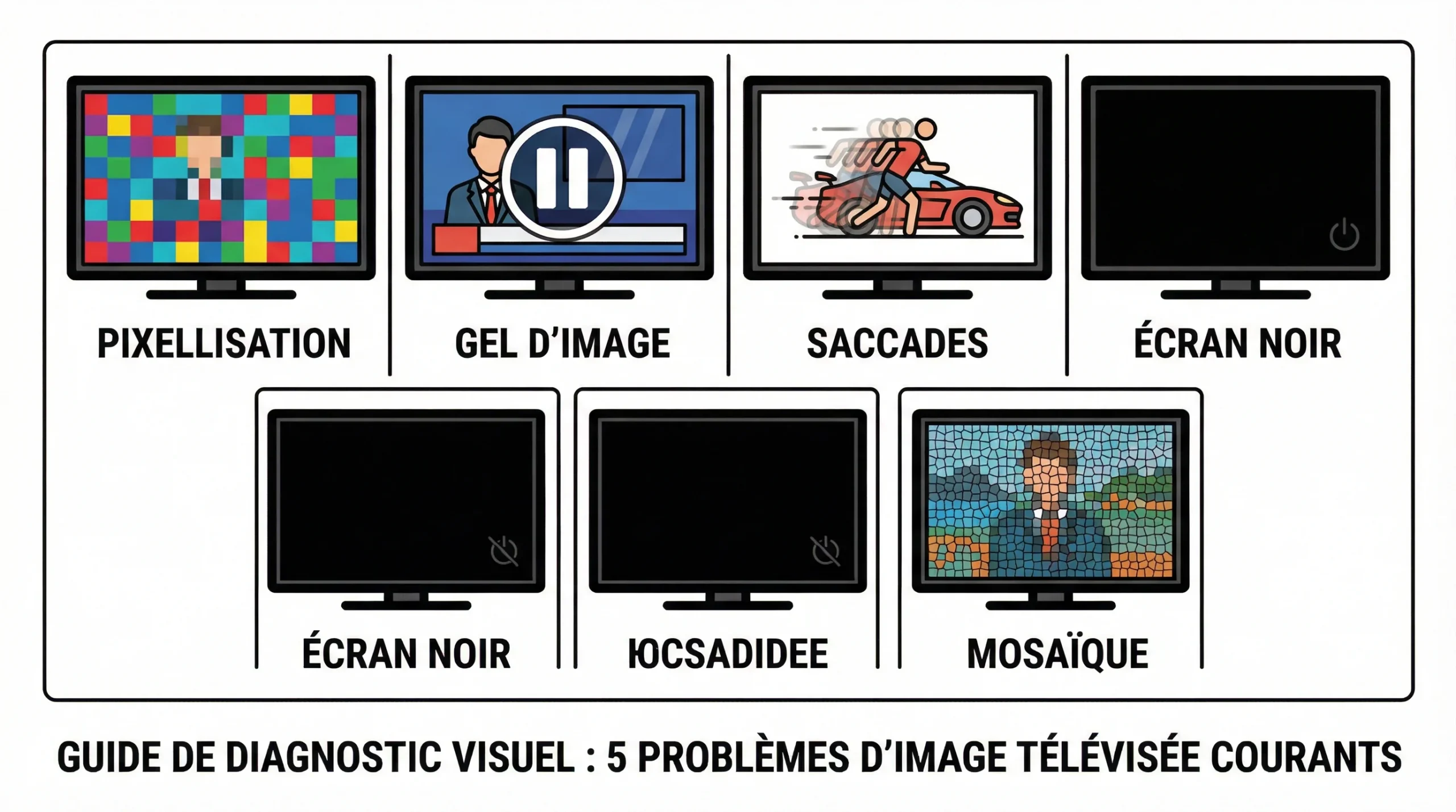 Cinq symptomes courants de problemes image TV pixellisation gel saccade ecran noir mosaique