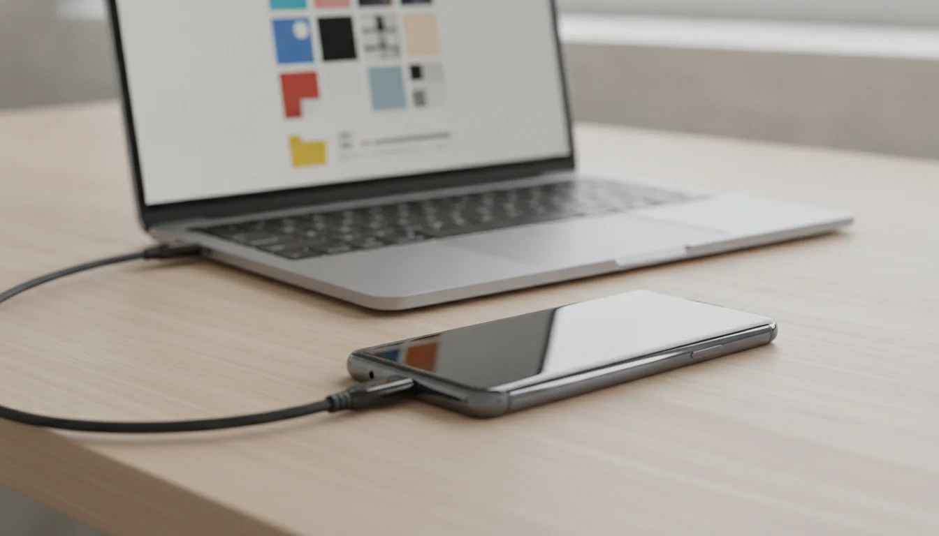 Transfert de photos par câble USB entre un smartphone et un ordinateur portable sous Windows